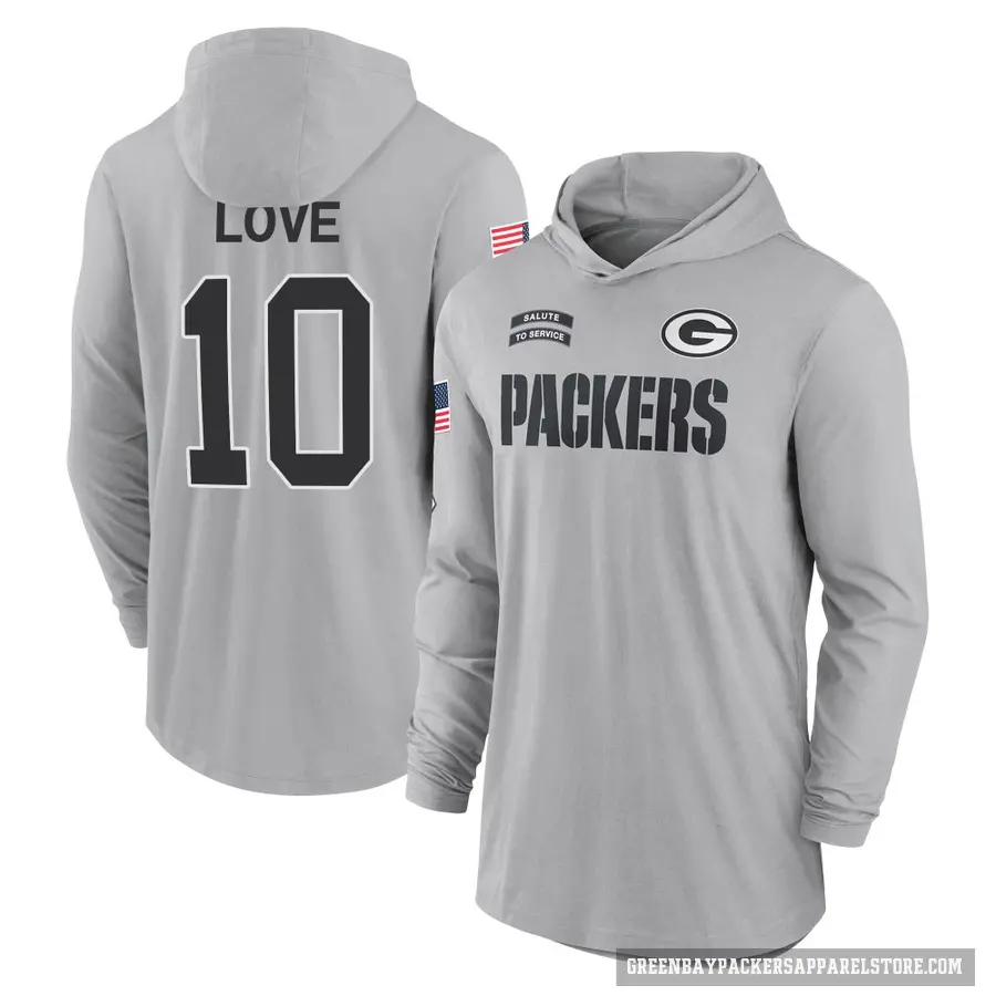 Men's ＃10 Jordan Love Green Bay Packers Gray 2024 Salute to Service Lightweight Performance Long Sleeve Hooded T-Shirt