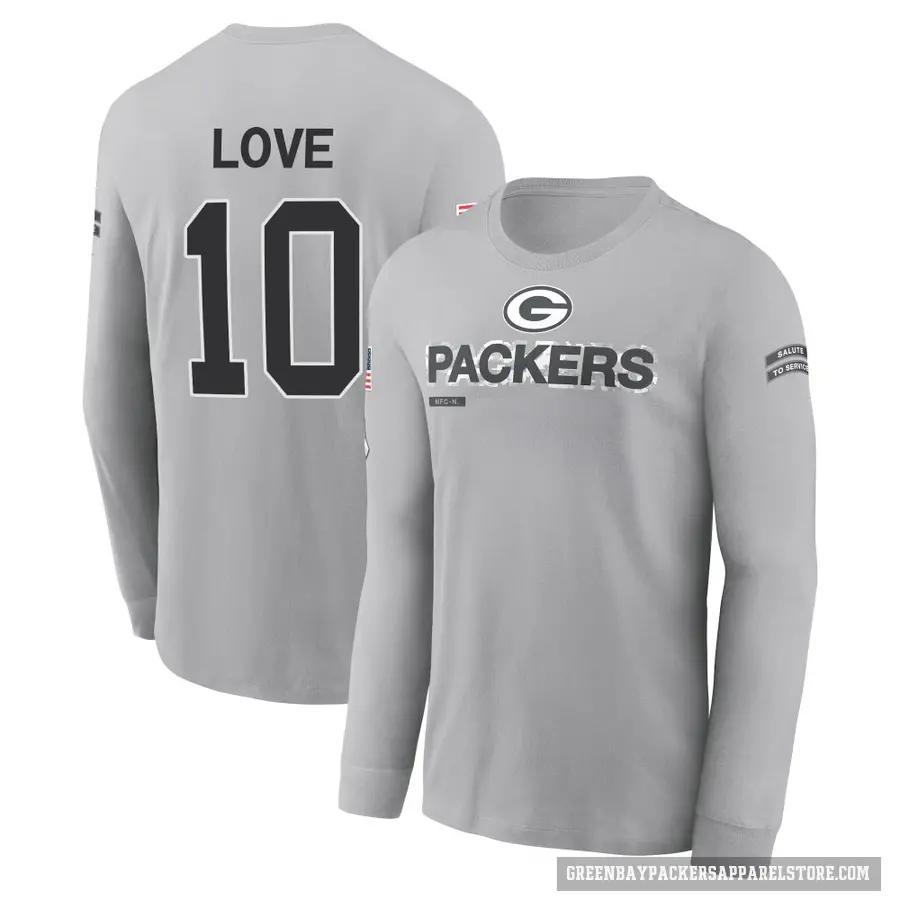 Men's ＃10 Jordan Love Green Bay Packers Gray 2024 Salute to Service Long Sleeve T-Shirt