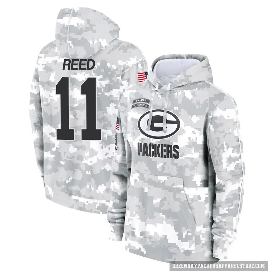 Men's ＃11 Jayden Reed Green Bay Packers Arctic Camo 2024 Salute to Service Club Fleece Pullover Hoodie