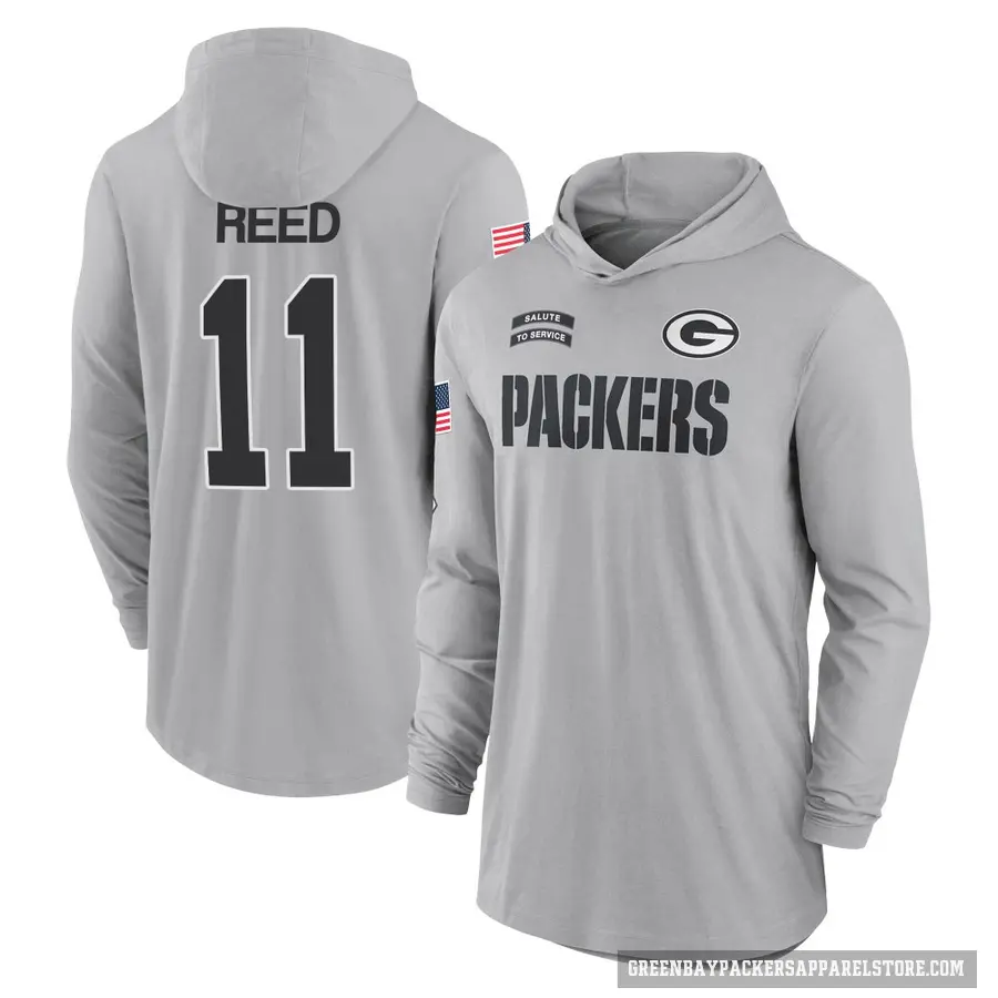 Men's ＃11 Jayden Reed Green Bay Packers Gray 2024 Salute to Service Lightweight Performance Long Sleeve Hooded T-Shirt