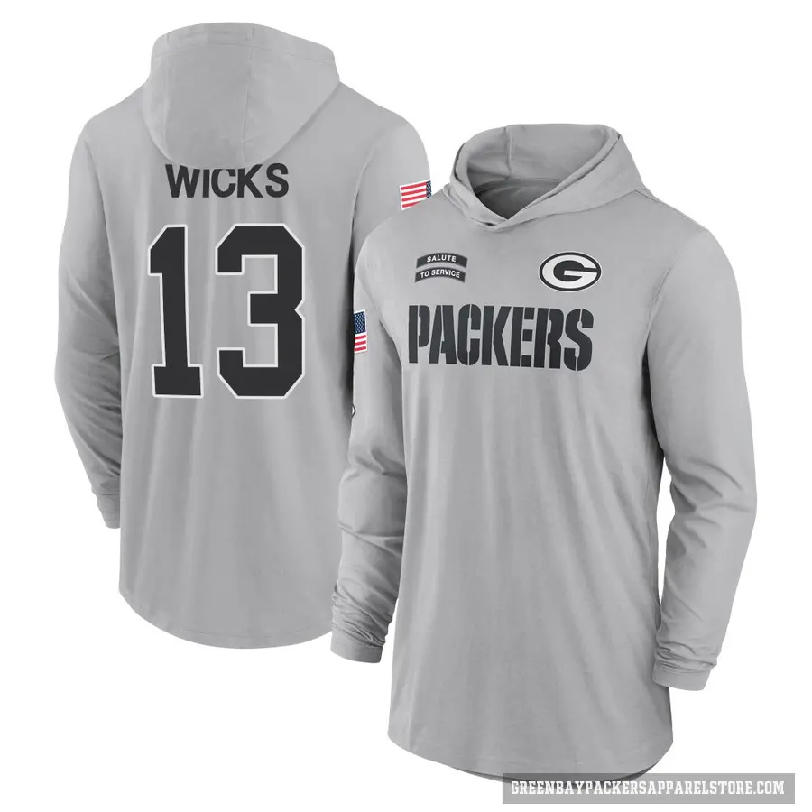 Men's ＃13 Dontayvion Wicks Green Bay Packers Gray 2024 Salute to Service Lightweight Performance Long Sleeve Hooded T-Shirt
