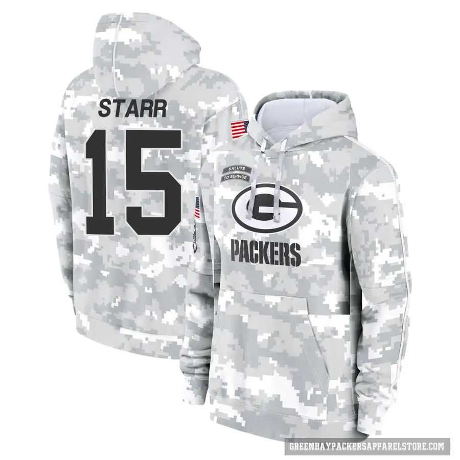 Men's ＃15 Bart Starr Green Bay Packers Arctic Camo 2024 Salute to Service Club Fleece Pullover Hoodie