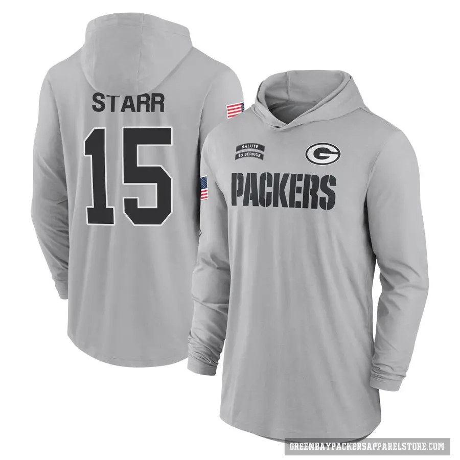 Men's ＃15 Bart Starr Green Bay Packers Gray 2024 Salute to Service Lightweight Performance Long Sleeve Hooded T-Shirt