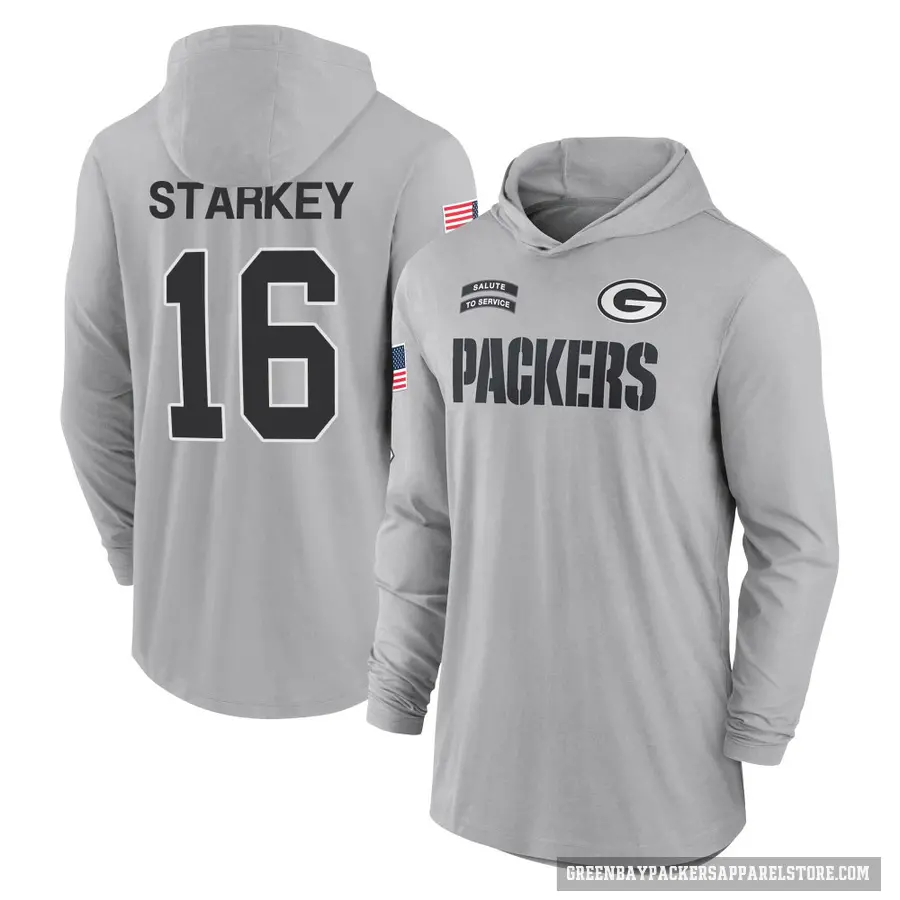 Men's ＃16 Rory Starkey Green Bay Packers Gray 2024 Salute to Service Lightweight Performance Long Sleeve Hooded T-Shirt