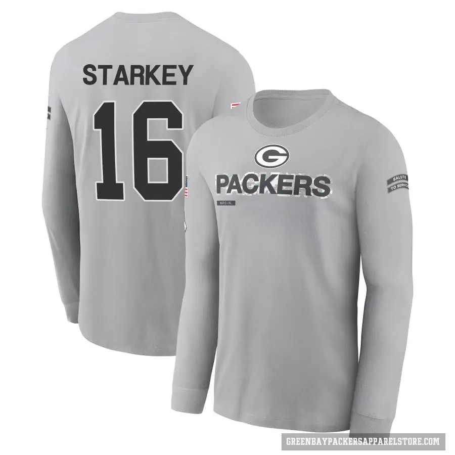Men's ＃16 Rory Starkey Green Bay Packers Gray 2024 Salute to Service Long Sleeve T-Shirt