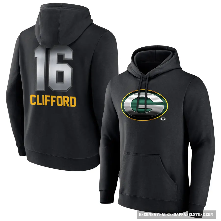Men's ＃16 Sean Clifford Green Bay Packers Black Midnight Mascot Pullover Hoodie