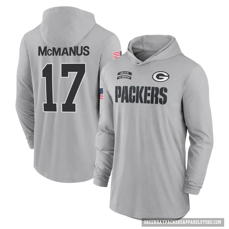 Men's ＃17 Brandon McManus Green Bay Packers Gray 2024 Salute to Service Lightweight Performance Long Sleeve Hooded T-Shirt