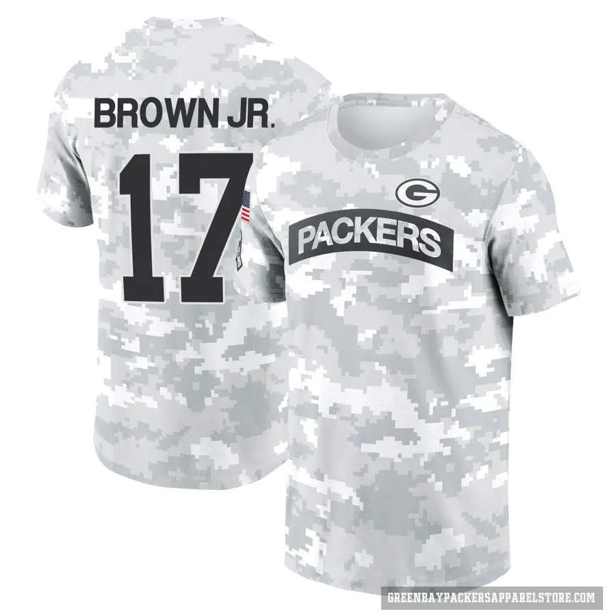 Men's ＃17 Sam Brown Jr. Green Bay Packers Brown Arctic Camo 2024 Salute to Service Performance T-Shirt
