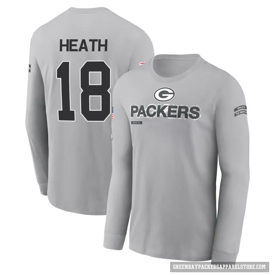 Men's ＃18 Malik Heath Green Bay Packers Gray 2024 Salute to Service Long Sleeve T-Shirt