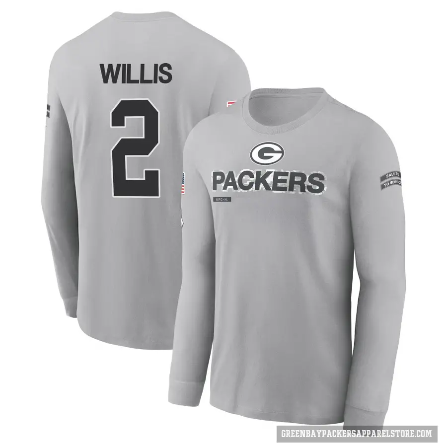 Men's ＃2 Malik Willis Green Bay Packers Gray 2024 Salute to Service Long Sleeve T-Shirt