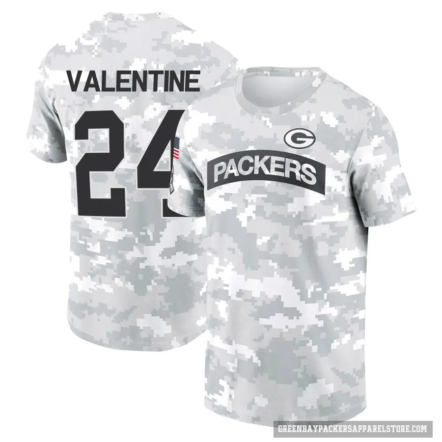 Men's ＃24 Carrington Valentine Green Bay Packers Camo Arctic 2024 Salute to Service Performance T-Shirt