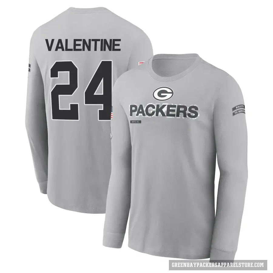 Men's ＃24 Carrington Valentine Green Bay Packers Gray 2024 Salute to Service Long Sleeve T-Shirt