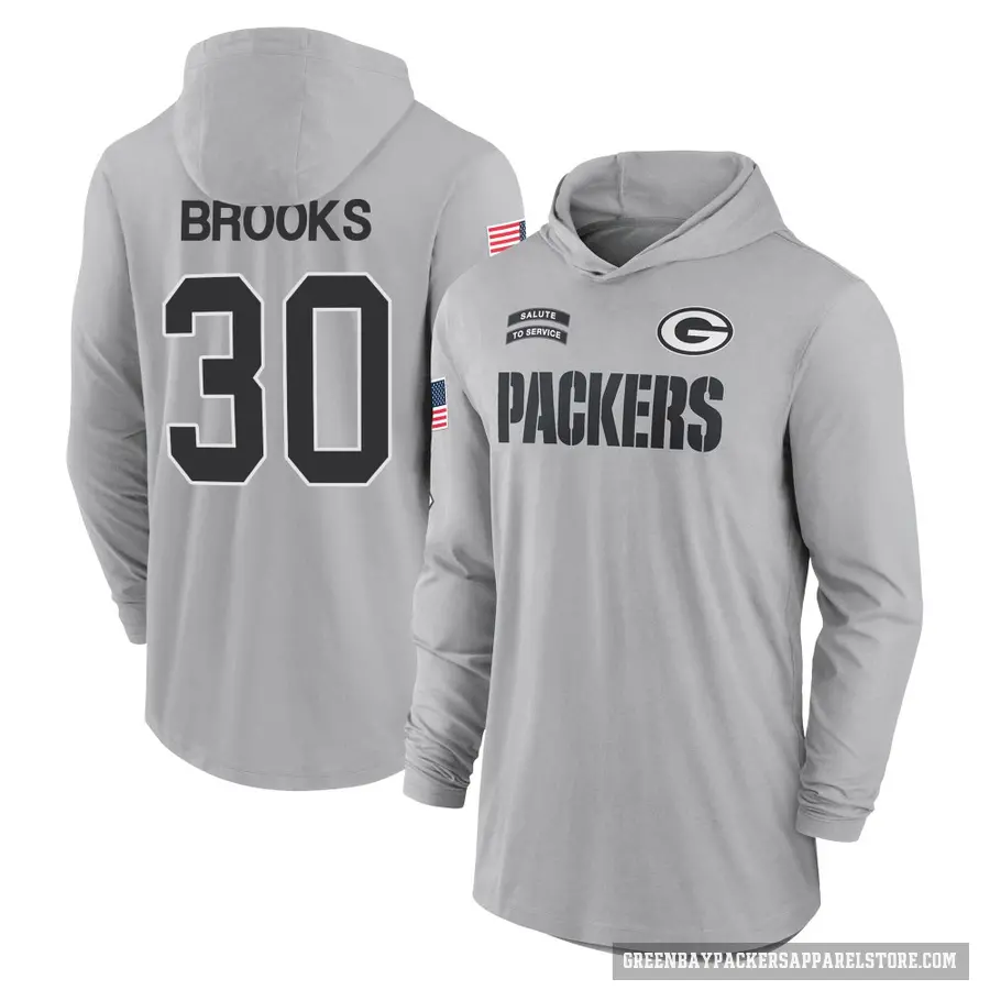 Men's ＃30 Chris Brooks Green Bay Packers Gray 2024 Salute to Service Lightweight Performance Long Sleeve Hooded T-Shirt