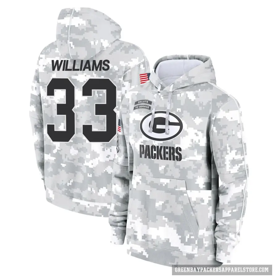 Men's ＃33 Evan Williams Green Bay Packers Arctic Camo 2024 Salute to Service Club Fleece Pullover Hoodie