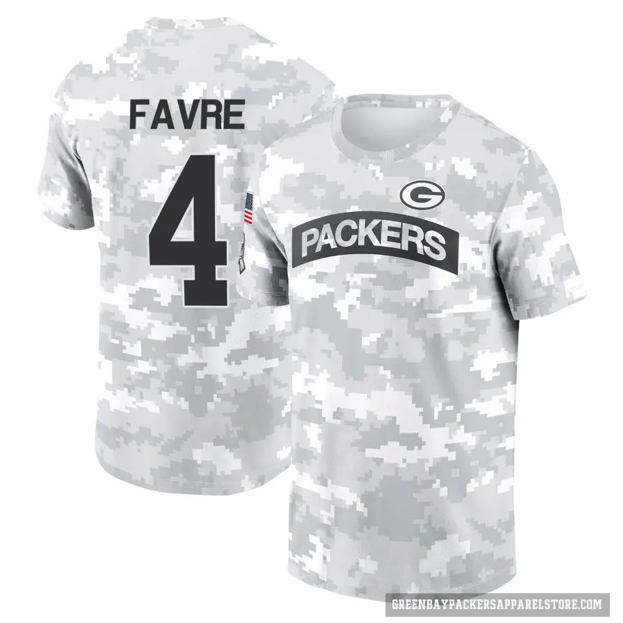 Men's ＃4 Brett Favre Green Bay Packers Camo Arctic 2024 Salute to Service Performance T-Shirt