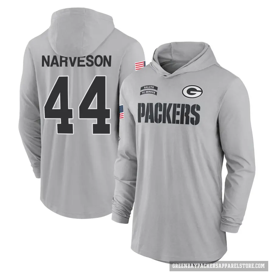 Men's ＃44 Brayden Narveson Green Bay Packers Gray 2024 Salute to Service Lightweight Performance Long Sleeve Hooded T-Shirt