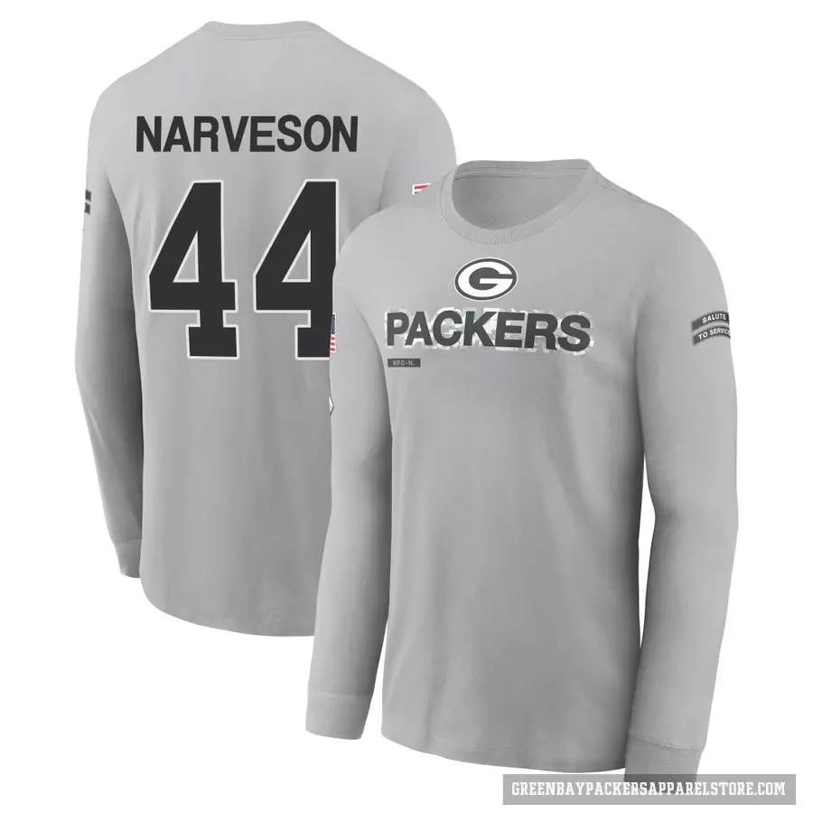 Men's ＃44 Brayden Narveson Green Bay Packers Gray 2024 Salute to Service Long Sleeve T-Shirt