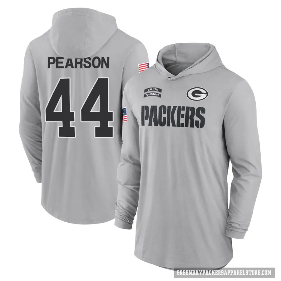 Men's ＃44 Henry Pearson Green Bay Packers Gray 2024 Salute to Service Lightweight Performance Long Sleeve Hooded T-Shirt