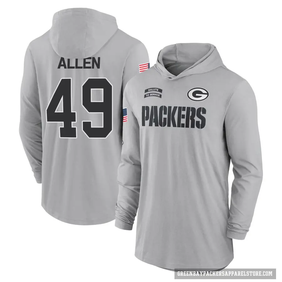 Men's ＃49 Austin Allen Green Bay Packers Gray 2024 Salute to Service Lightweight Performance Long Sleeve Hooded T-Shirt
