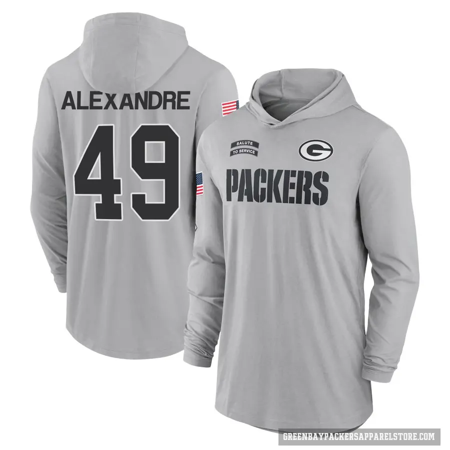 Men's ＃49 Deslin Alexandre Green Bay Packers Gray 2024 Salute to Service Lightweight Performance Long Sleeve Hooded T-Shirt