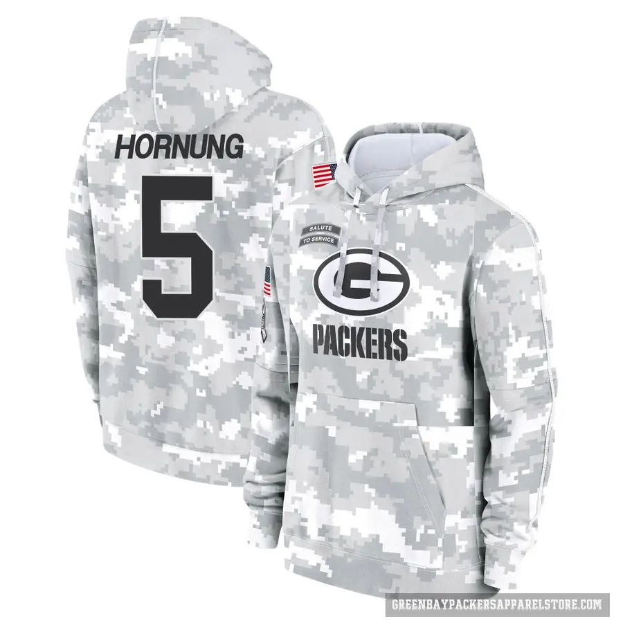 Men's ＃5 Paul Hornung Green Bay Packers Arctic Camo 2024 Salute to Service Club Fleece Pullover Hoodie