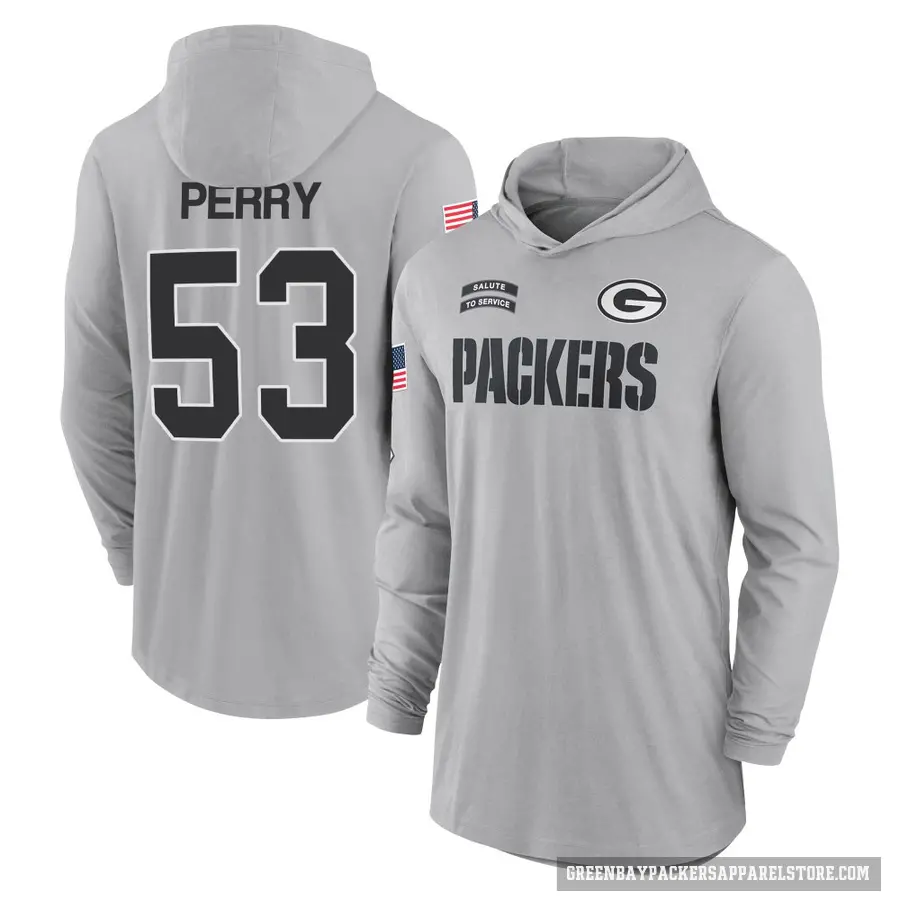 Men's ＃53 Nick Perry Green Bay Packers Gray 2024 Salute to Service Lightweight Performance Long Sleeve Hooded T-Shirt