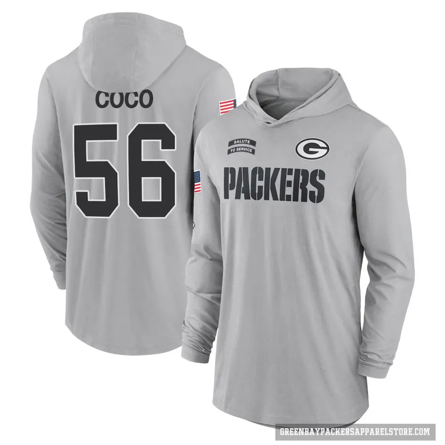 Men's ＃56 Jack Coco Green Bay Packers Gray 2024 Salute to Service Lightweight Performance Long Sleeve Hooded T-Shirt