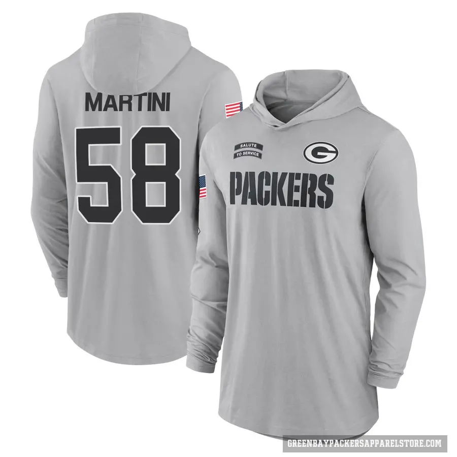 Men's ＃58 Greer Martini Green Bay Packers Gray 2024 Salute to Service Lightweight Performance Long Sleeve Hooded T-Shirt