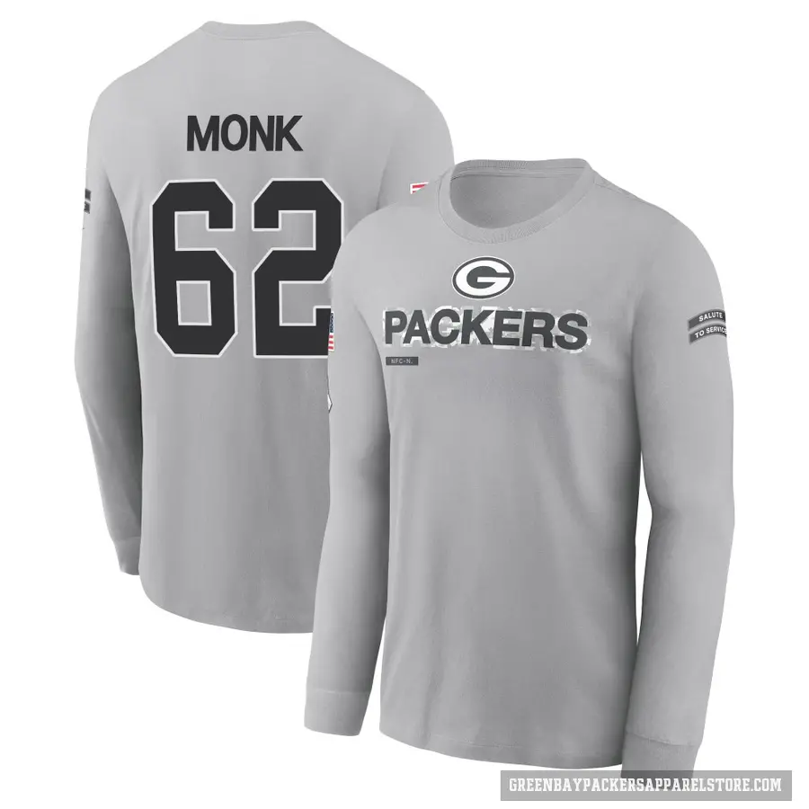 Men's ＃62 Jacob Monk Green Bay Packers Gray 2024 Salute to Service Long Sleeve T-Shirt