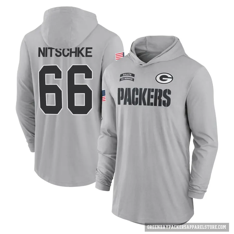 Men's ＃66 Ray Nitschke Green Bay Packers Gray 2024 Salute to Service Lightweight Performance Long Sleeve Hooded T-Shirt
