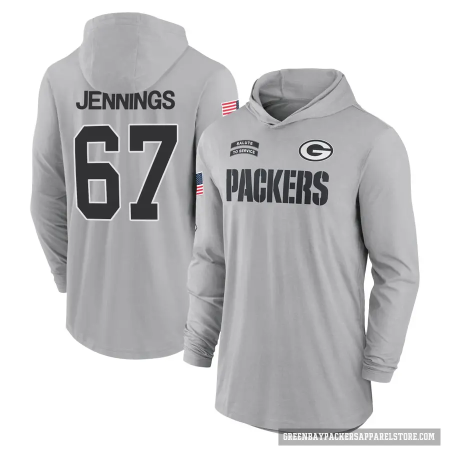 Men's ＃67 Donovan Jennings Green Bay Packers Gray 2024 Salute to Service Lightweight Performance Long Sleeve Hooded T-Shirt