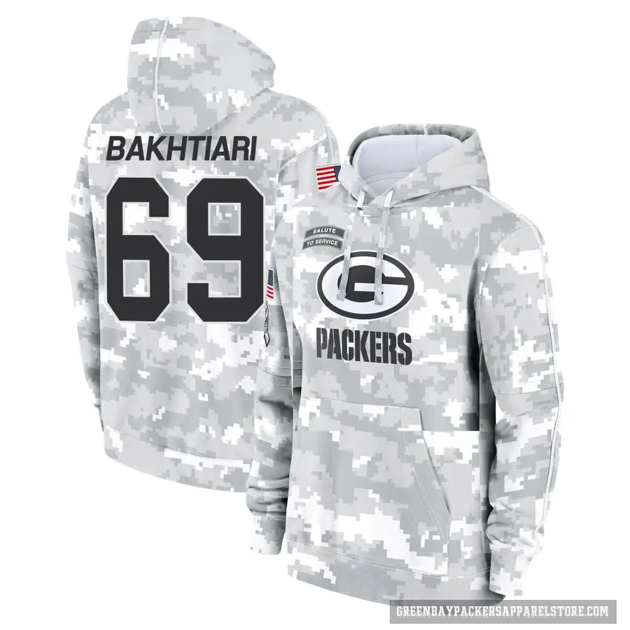 Men's ＃69 David Bakhtiari Green Bay Packers Arctic Camo 2024 Salute to Service Club Fleece Pullover Hoodie