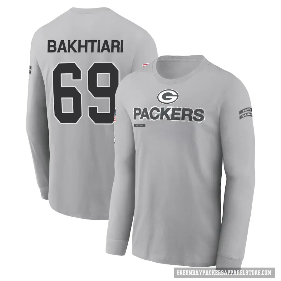 Men's ＃69 David Bakhtiari Green Bay Packers Gray 2024 Salute to Service Long Sleeve T-Shirt