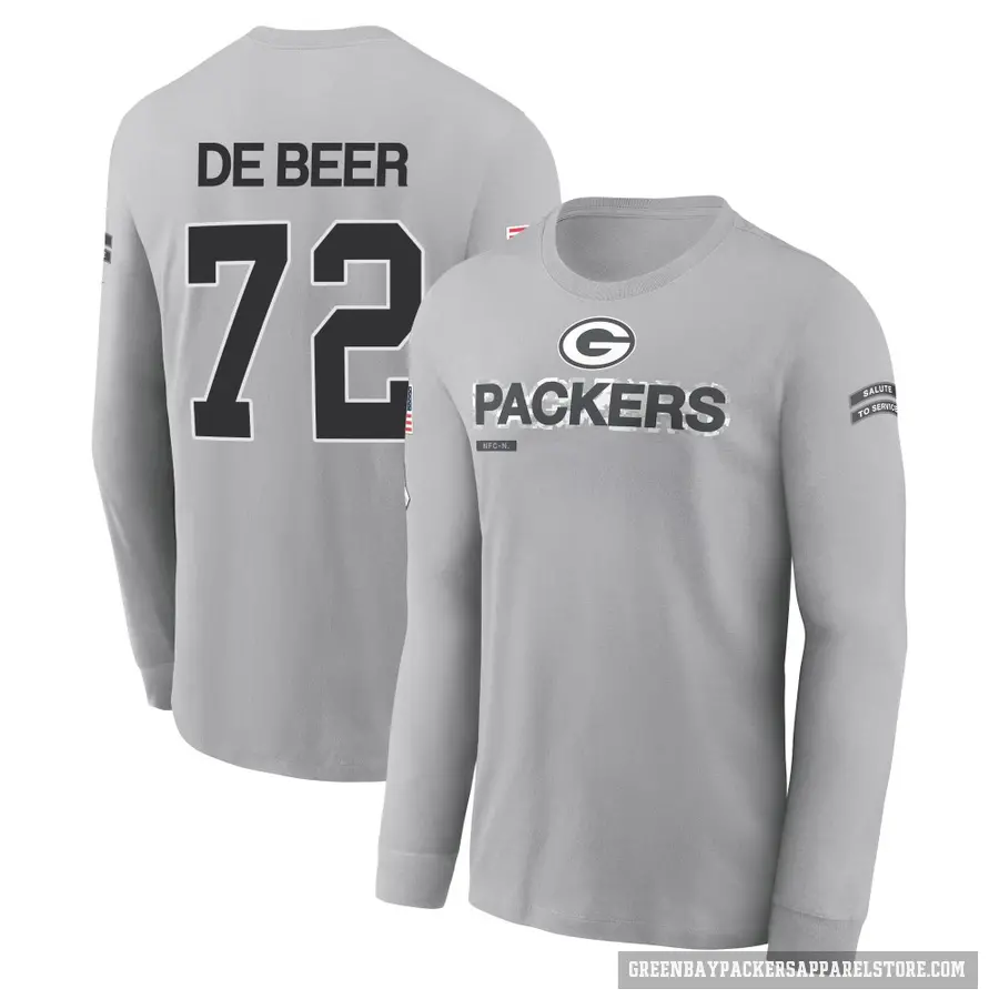 Men's ＃72 Gerhard de Beer Green Bay Packers Gray 2024 Salute to Service Long Sleeve T-Shirt