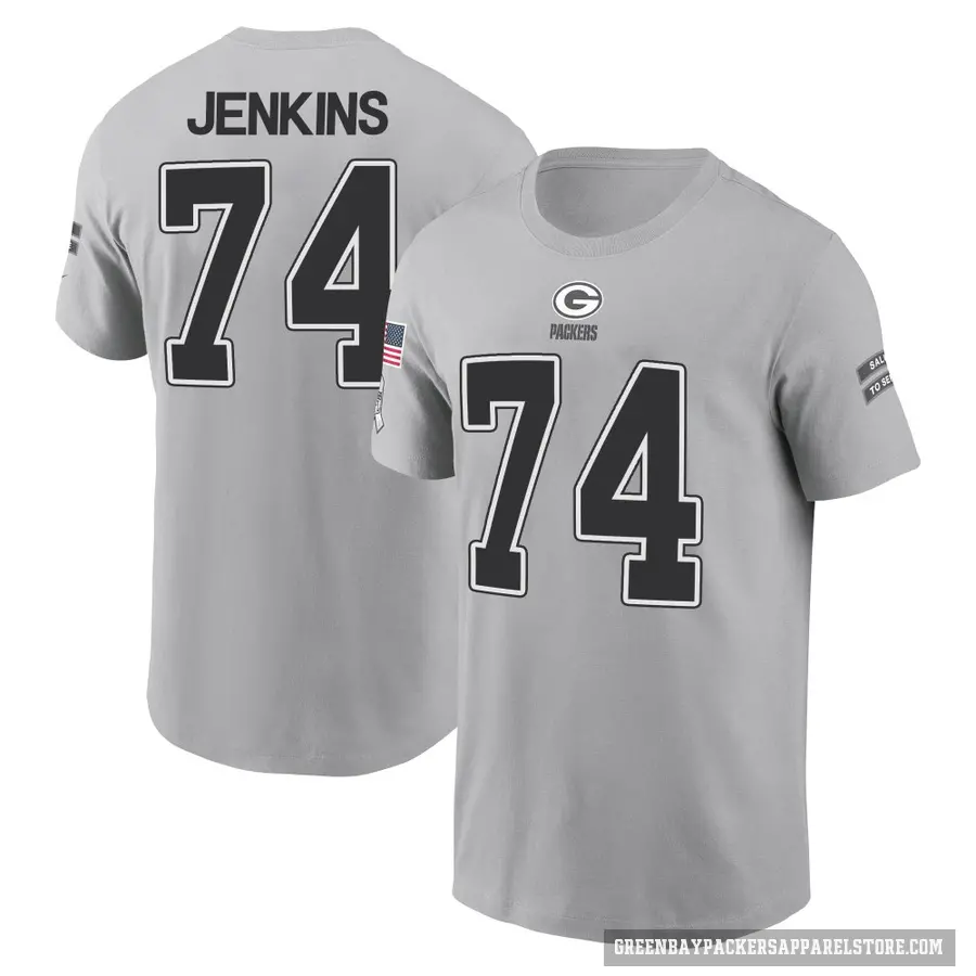 Men's ＃74 Elgton Jenkins Green Bay Packers Gray 2024 Salute to Service T-Shirt