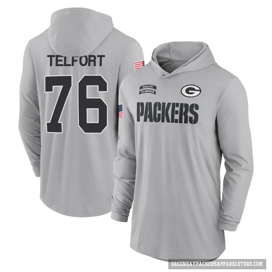 Men's ＃76 Kadeem Telfort Green Bay Packers Gray 2024 Salute to Service Lightweight Performance Long Sleeve Hooded T-Shirt