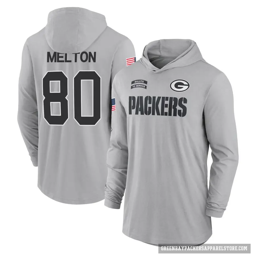 Men's ＃80 Bo Melton Green Bay Packers Gray 2024 Salute to Service Lightweight Performance Long Sleeve Hooded T-Shirt