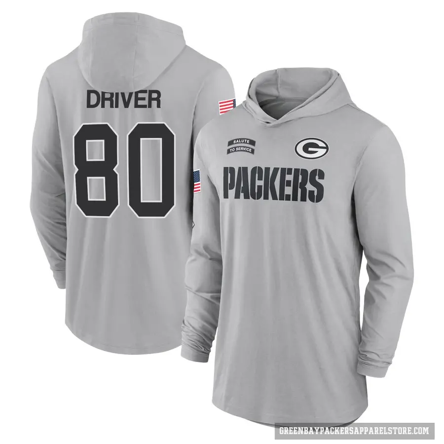 Men's ＃80 Donald Driver Green Bay Packers Gray 2024 Salute to Service Lightweight Performance Long Sleeve Hooded T-Shirt