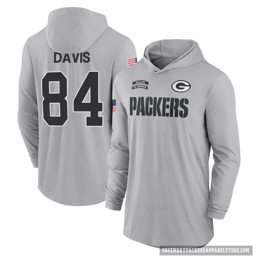 Men's ＃84 Tyler Davis Green Bay Packers Gray 2024 Salute to Service Lightweight Performance Long Sleeve Hooded T-Shirt