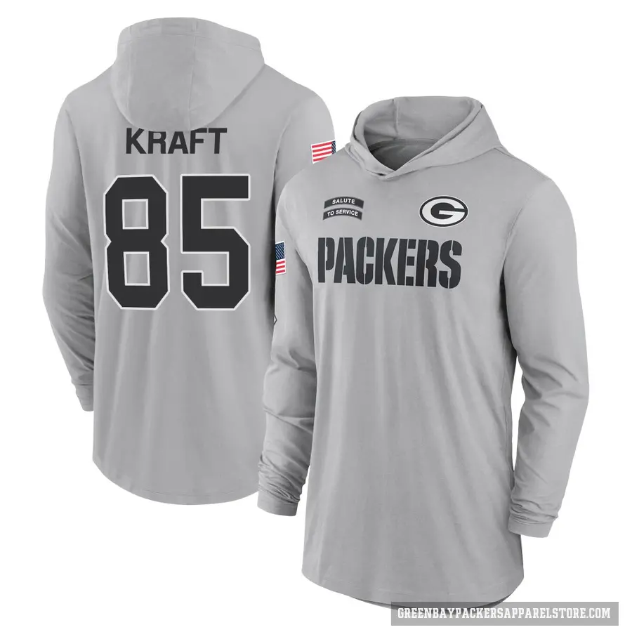 Men's ＃85 Tucker Kraft Green Bay Packers Gray 2024 Salute to Service Lightweight Performance Long Sleeve Hooded T-Shirt