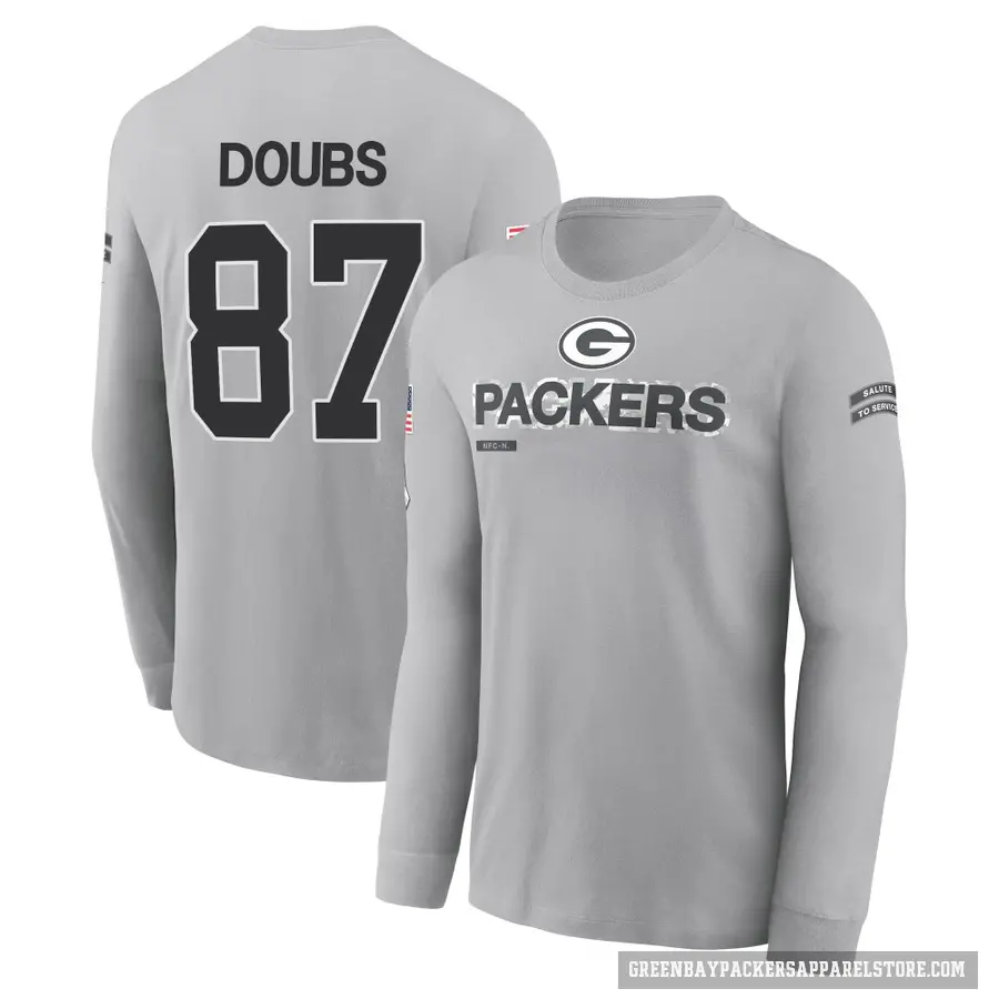 Men's ＃87 Romeo Doubs Green Bay Packers Gray 2024 Salute to Service Long Sleeve T-Shirt