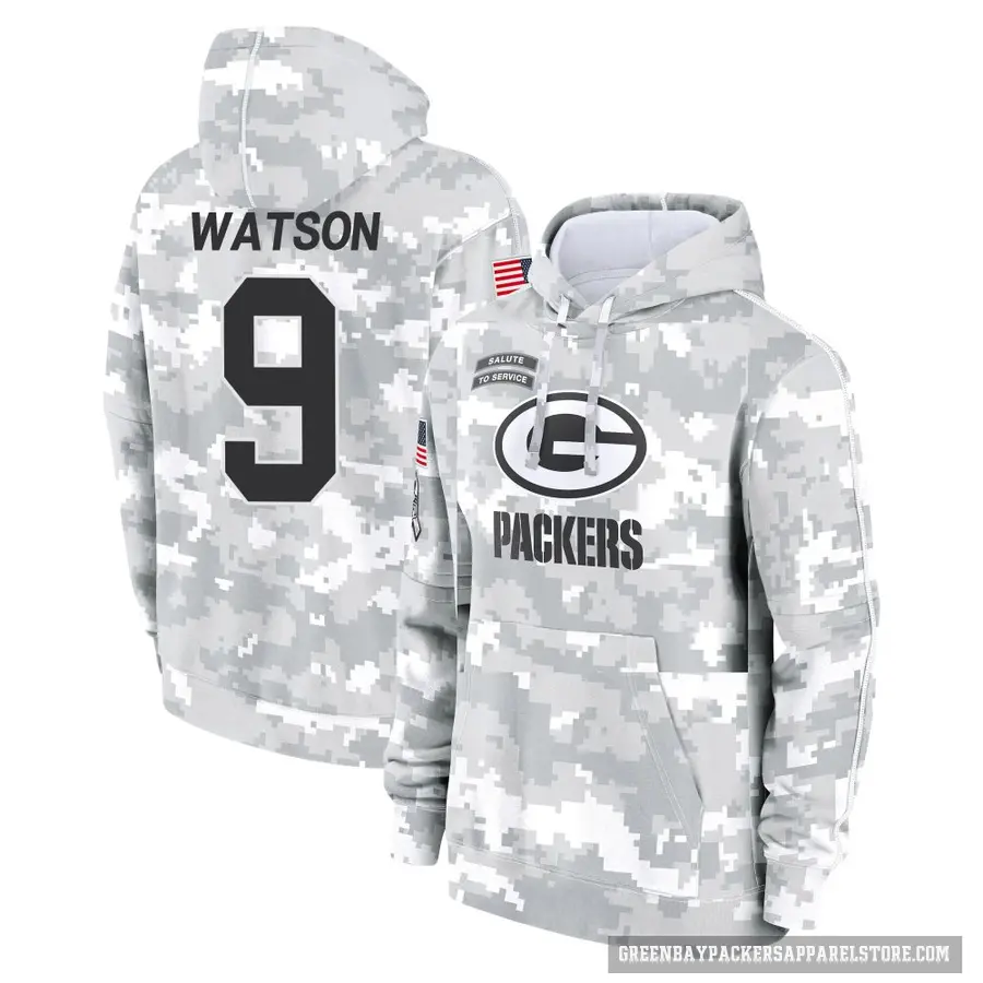 Men's ＃9 Christian Watson Green Bay Packers Arctic Camo 2024 Salute to Service Club Fleece Pullover Hoodie