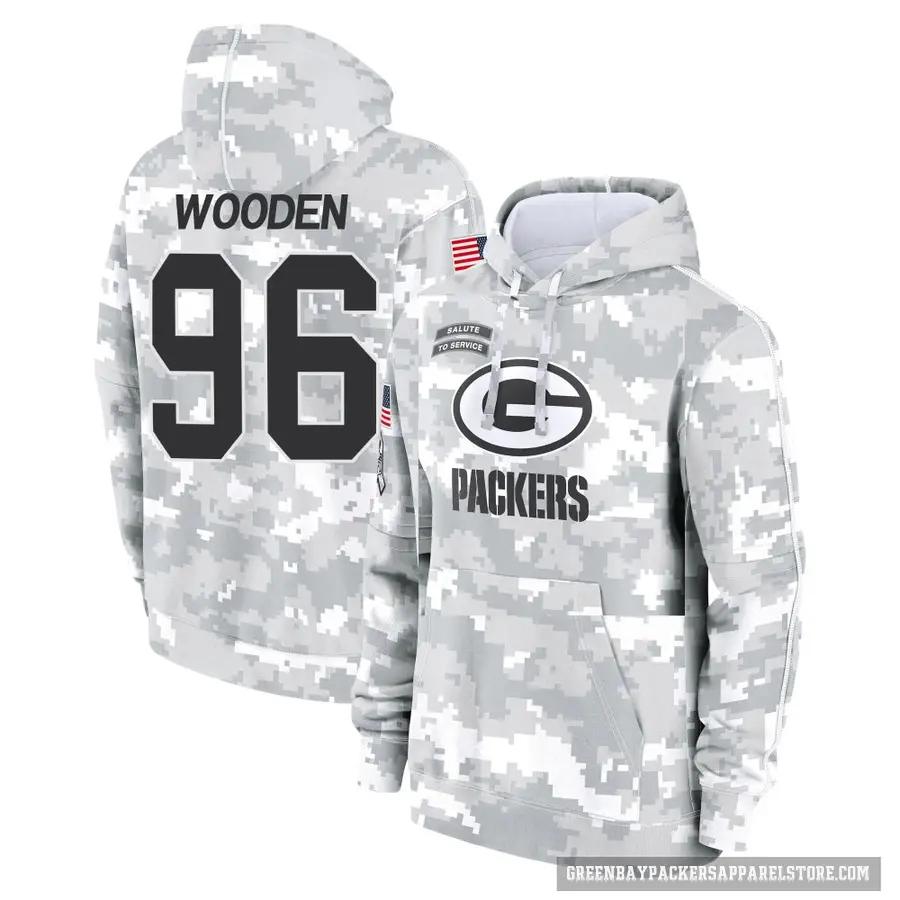 Men's ＃96 Colby Wooden Green Bay Packers Arctic Camo 2024 Salute to Service Club Fleece Pullover Hoodie