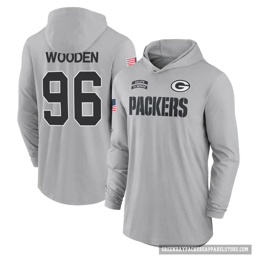 Men's ＃96 Colby Wooden Green Bay Packers Gray 2024 Salute to Service Lightweight Performance Long Sleeve Hooded T-Shirt
