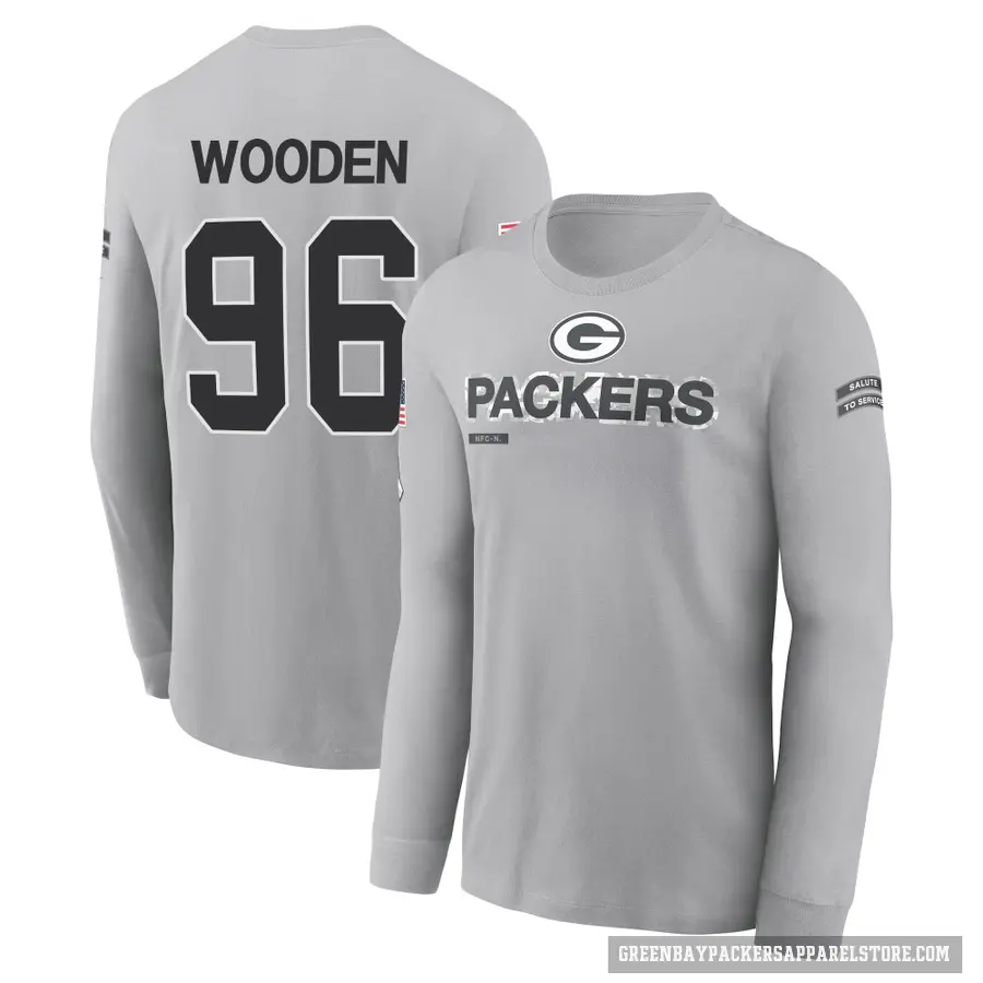 Men's ＃96 Colby Wooden Green Bay Packers Gray 2024 Salute to Service Long Sleeve T-Shirt