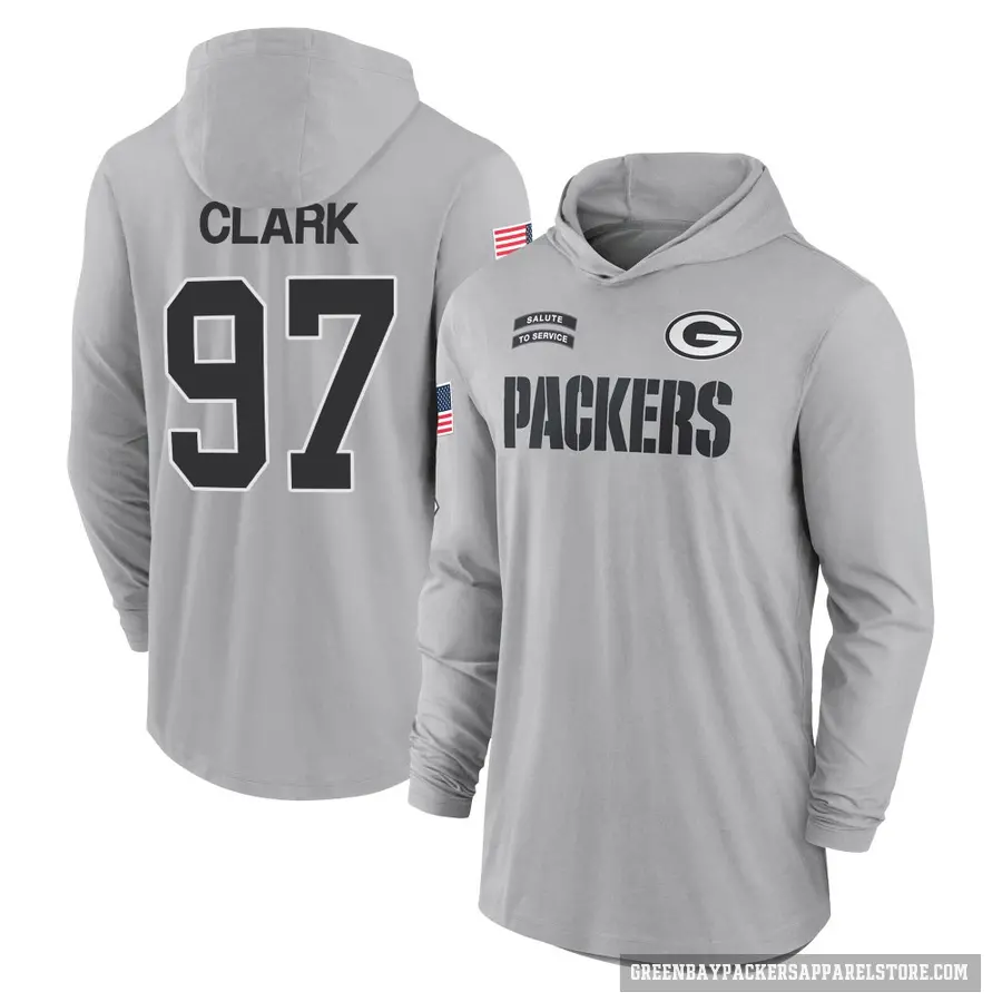 Men's ＃97 Kenny Clark Green Bay Packers Gray 2024 Salute to Service Lightweight Performance Long Sleeve Hooded T-Shirt
