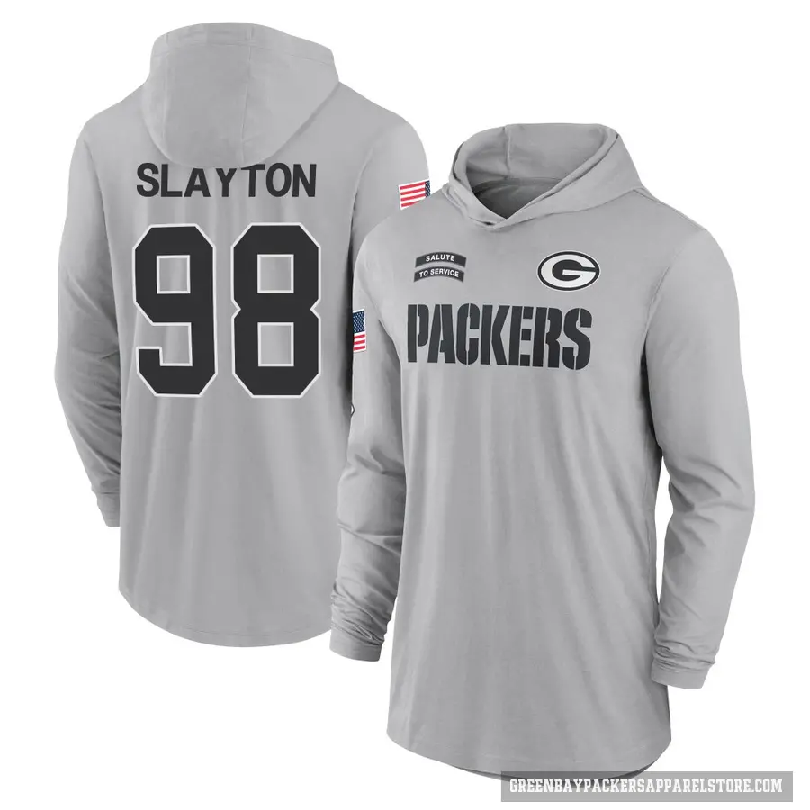 Men's ＃98 Chris Slayton Green Bay Packers Gray 2024 Salute to Service Lightweight Performance Long Sleeve Hooded T-Shirt
