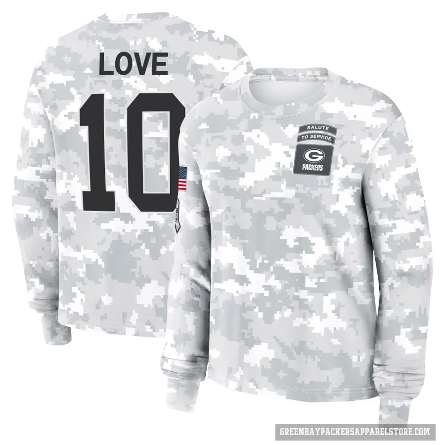 Women's ＃10 Jordan Love Green Bay Packers Camo Arctic 2024 Salute to Service Long Sleeve T-Shirt