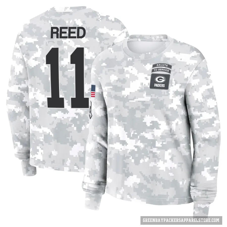 Women's ＃11 Jayden Reed Green Bay Packers Camo Arctic 2024 Salute to Service Long Sleeve T-Shirt