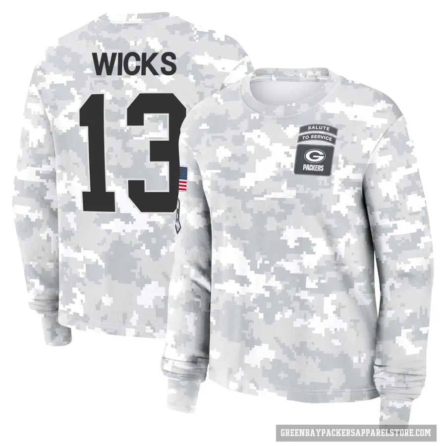 Women's ＃13 Dontayvion Wicks Green Bay Packers Camo Arctic 2024 Salute to Service Long Sleeve T-Shirt
